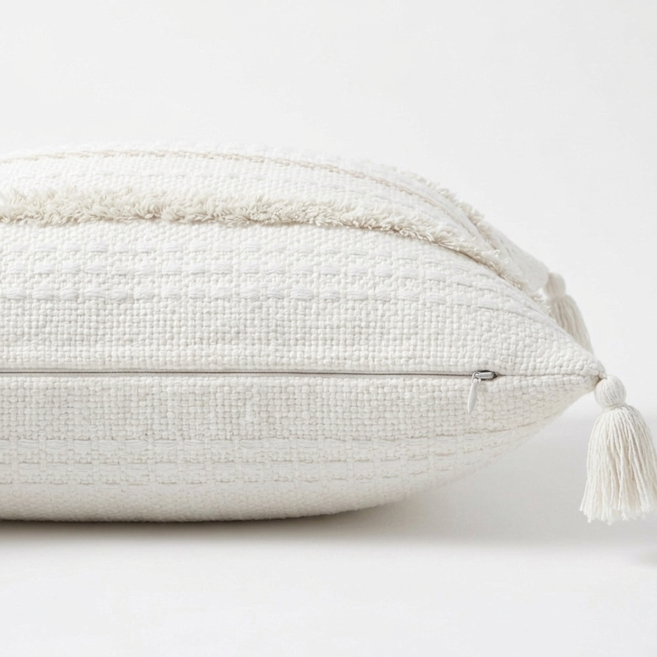 Textured pillow with tassel on a white background. Pillow cover features a zipper for easy removal.