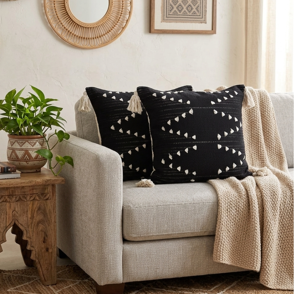 The Stargaze Tuft removable pillow cover. Black pillow with white design on a beige couch.