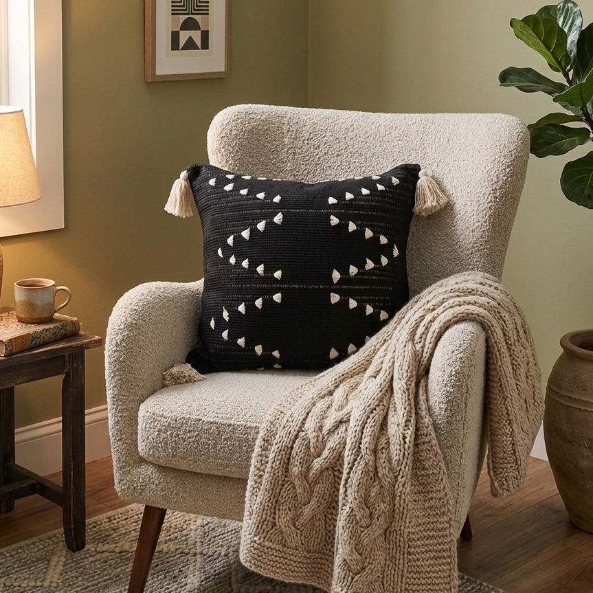 Cozy living room with a beige armchair, black pillow with white patterns, and a knitted blanket.