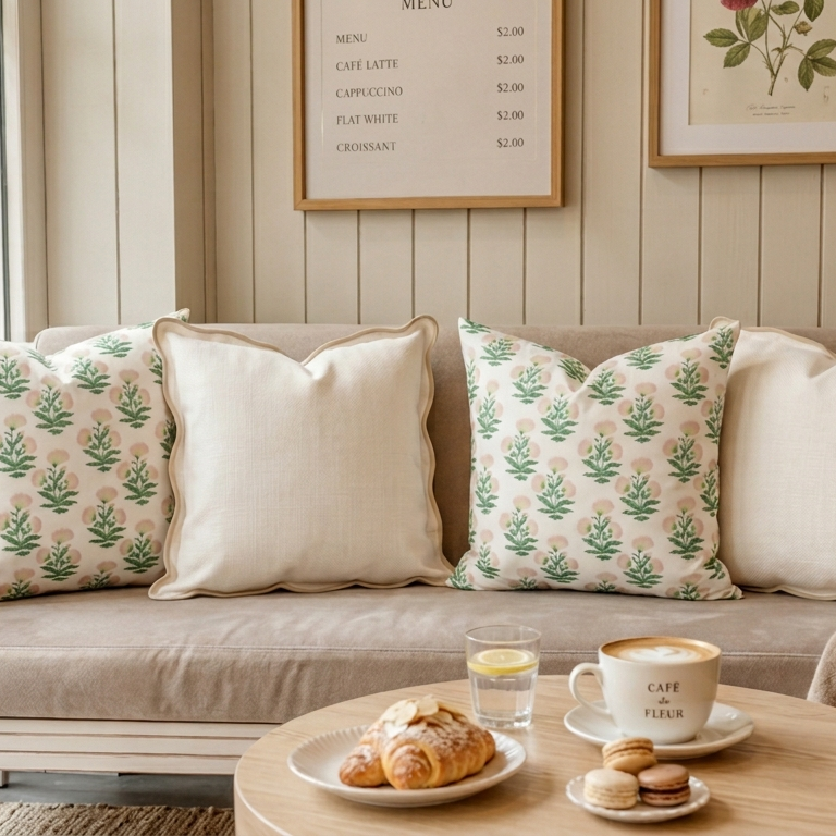 Cozy room with a beige sofa, floral patterned throw pillows with removable covers.