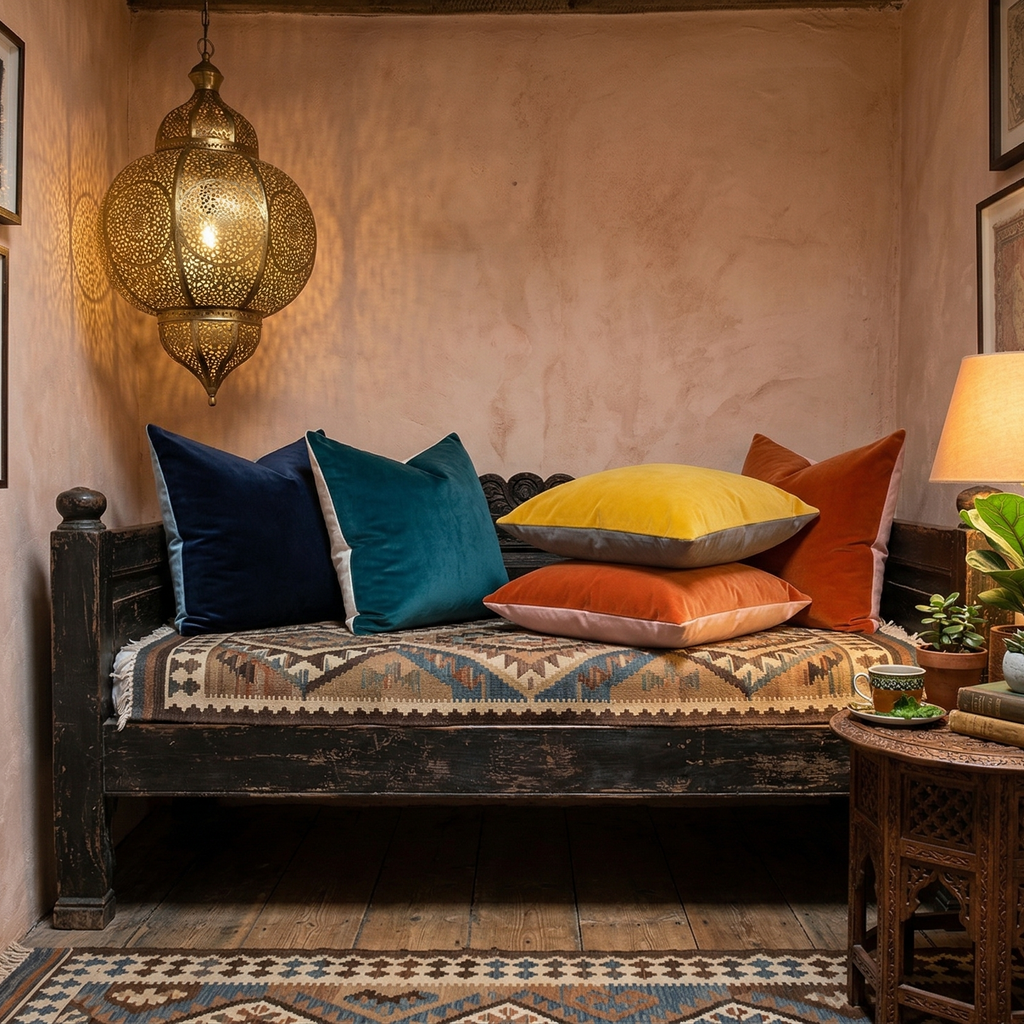 Decorative interior with a wooden bench featuring colorful velvet pillows, ornate lamp, and patterned rug.