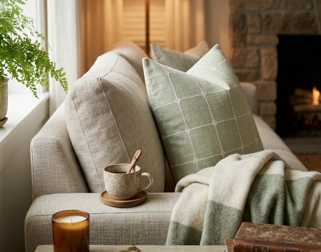 Cozy living room with a sofa and green decorative throw pillow. Green removable pillow color with white detailing.