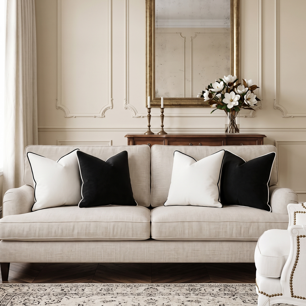 Beige sofa with velvet black and white pillows in a stylish living room. Pillows feature removable covers for easy swapping and cleaning.