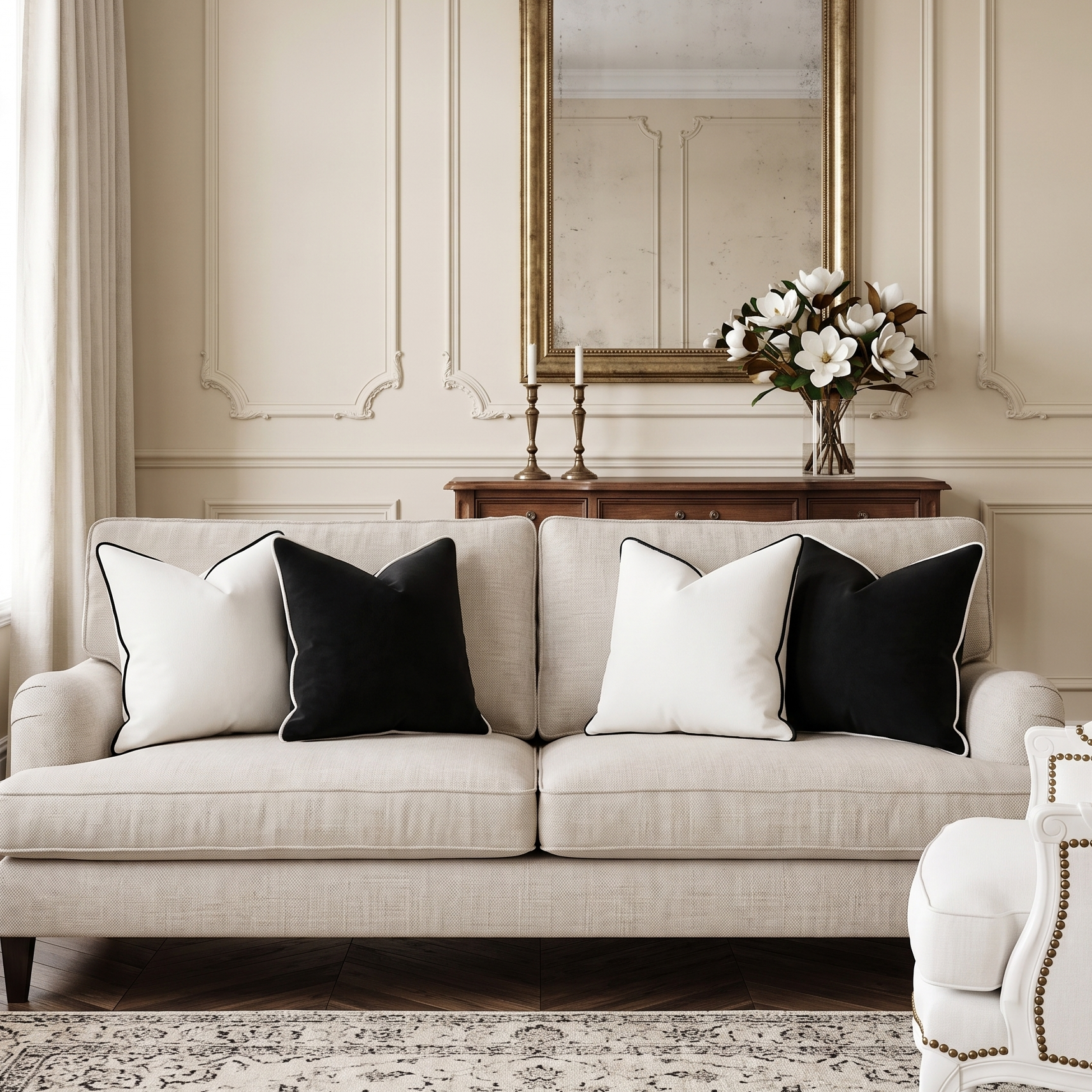 Beige sofa with velvet black and white pillows in a stylish living room. Pillows feature removable covers for easy swapping and cleaning.