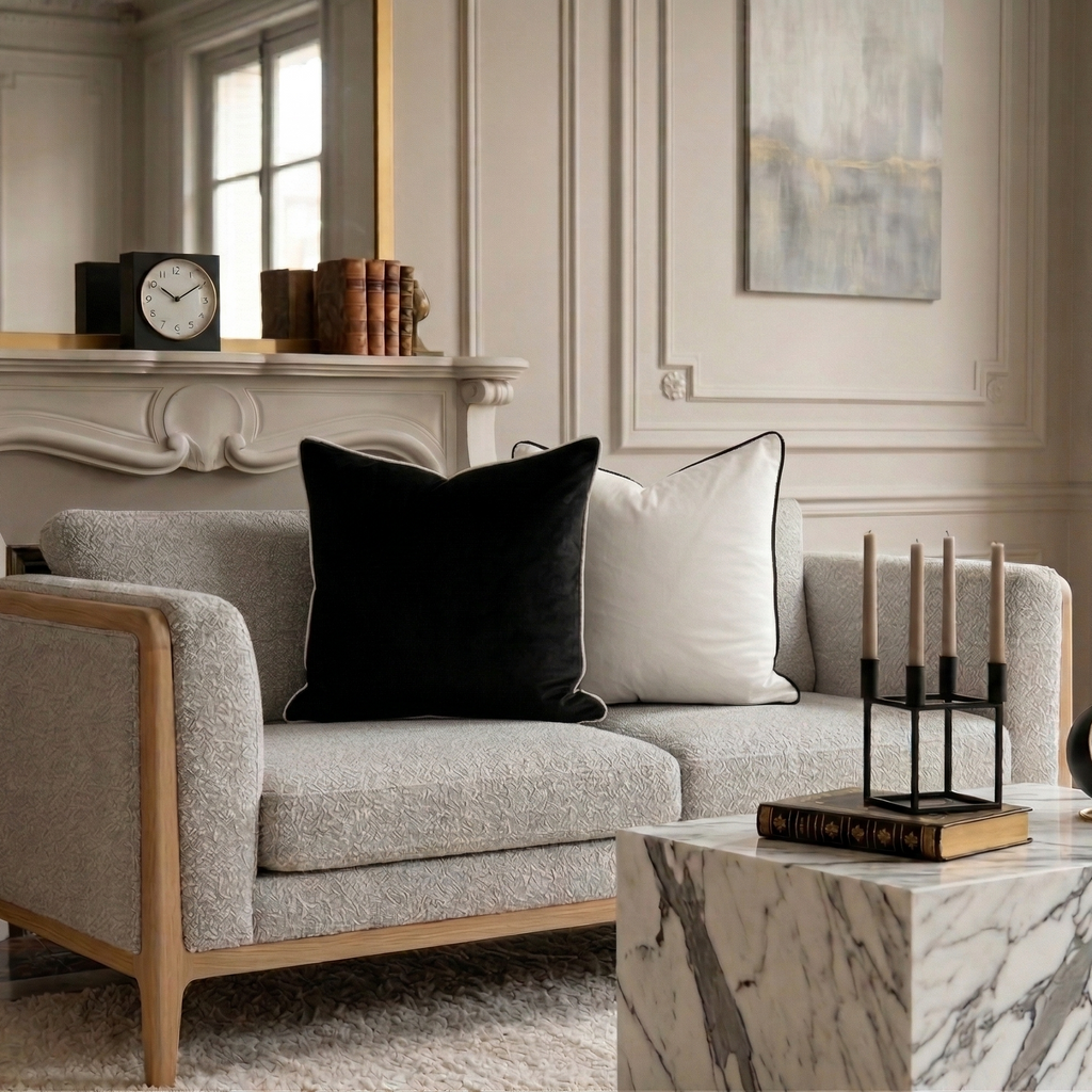 Gray sofa with black and white pillows in a stylish living room. Removable throw pillow covers velvet.
