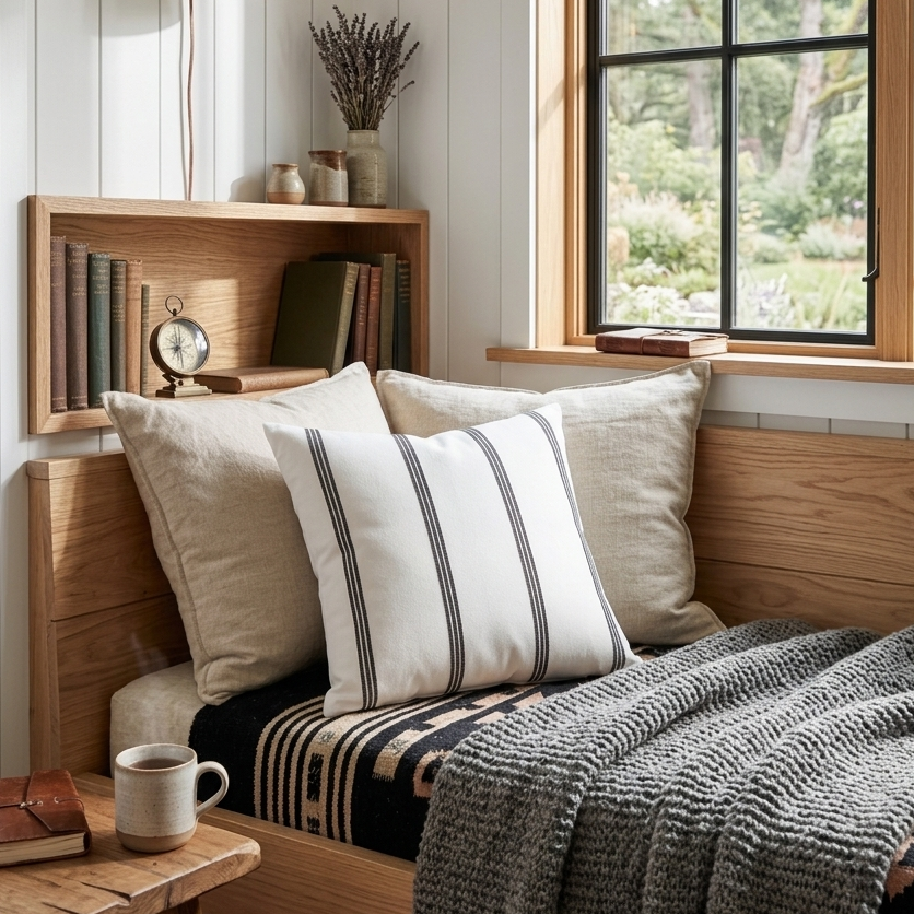 Cozy bedroom with wooden headboard, pillows, and a window view. Decorative throw pillows for bed featuring removable covers.
