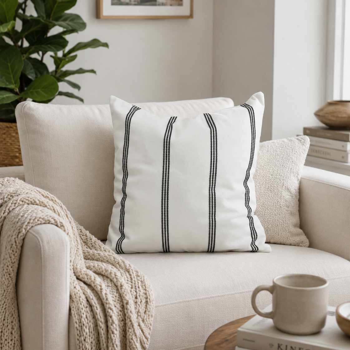 White pillow with black stripes on a beige sofa in a cozy living room.